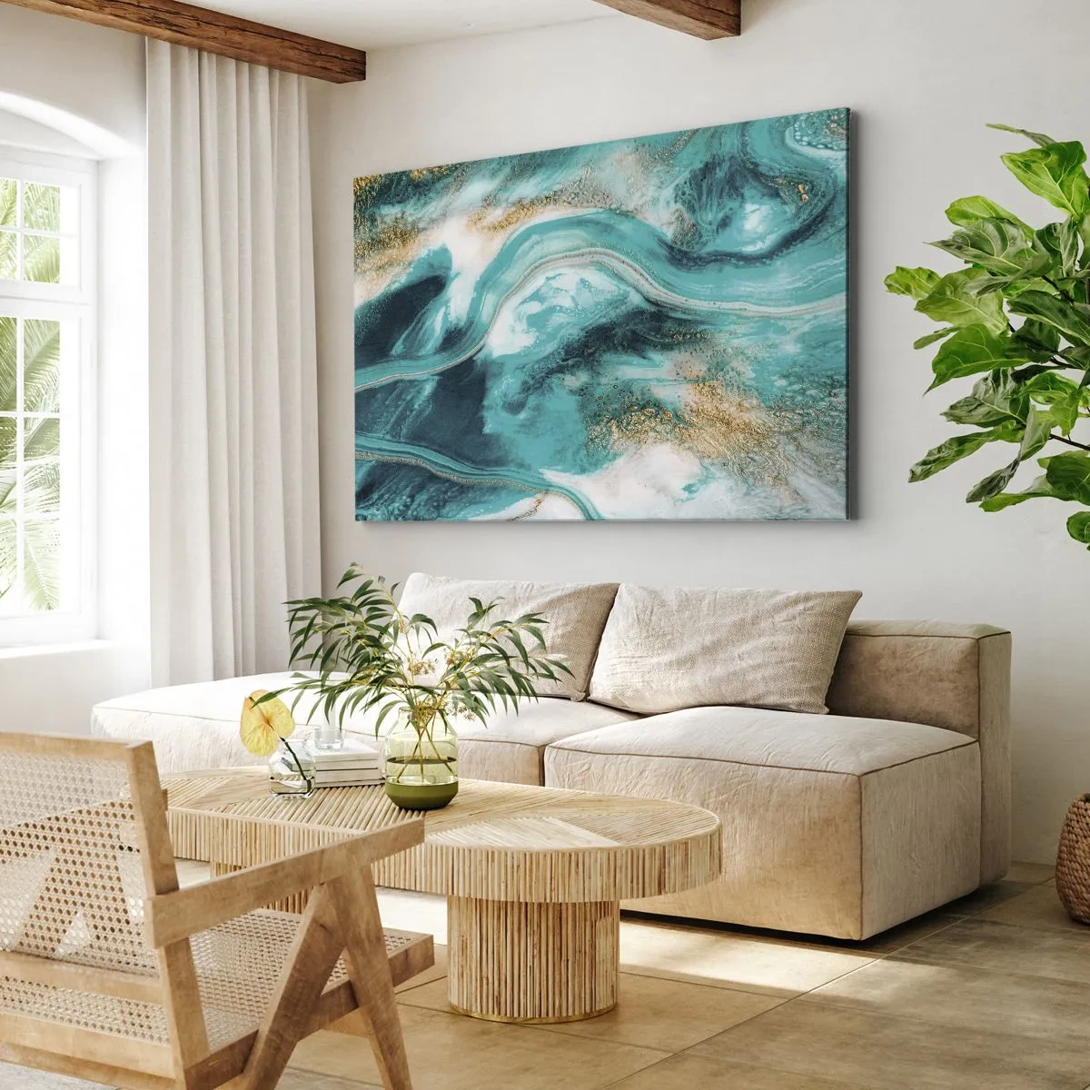 Obraz na plátne - Tyrkysová abstrakcia s bielymi a zlatými akcentmi - 70x50cm - Rieka zlata - Moderná nástenná dekorácia do obývacej izby a spálne ARTTOR