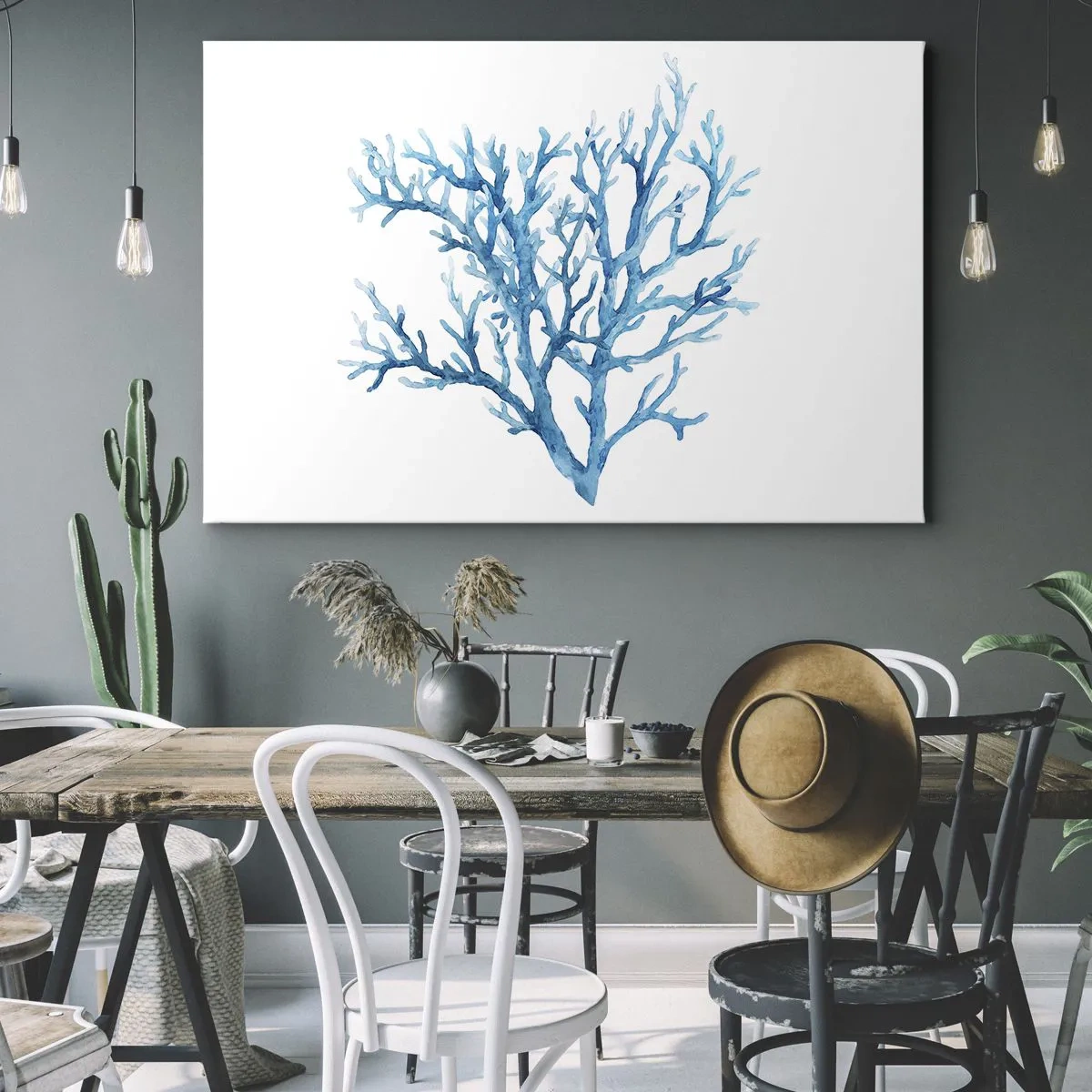 Obraz na plátne - Modrý koral na bielom pozadí s minimalistickým nádychom - 70x50cm - Morský filigrán - Moderná nástenná dekorácia do obývacej izby a spálne ARTTOR