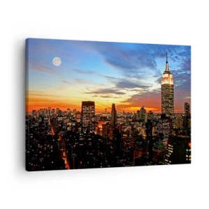 Obraz na plátne - Panoráma mesta s osvetlenými mrakodrapmi za súmraku - 70x50cm - Žiarivá americká noc  - Moderná nástenná dekorácia do obývacej izby a spálne ARTTOR
