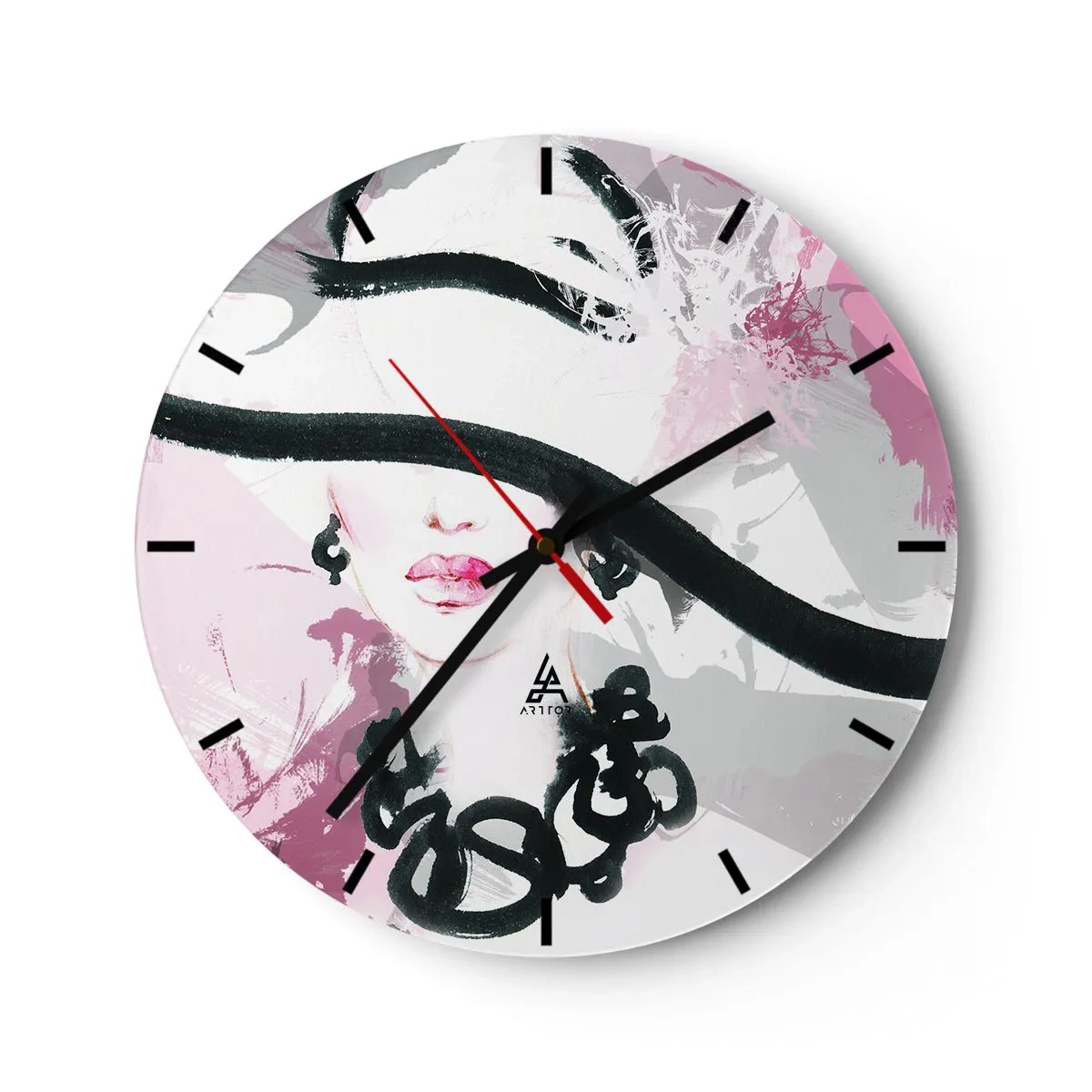 Nástenné hodiny - Elegantný portrét ženy v čierno-ružovom štýle - 30x30cm - Portrét dámy v čiernej a ružovej - Moderná nástenná dekorácia do obývacej izby, kuchyne a spálne ARTTOR