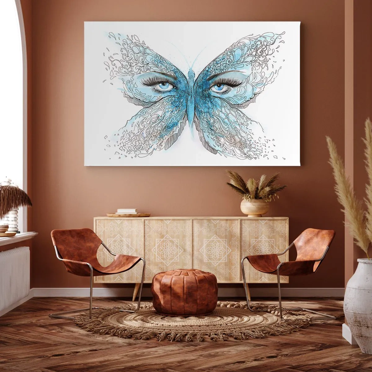 Obraz na plátne - Umelecký akvarel motýľa s modrými očami - 70x50cm - Sýkorka modrinka eros - Moderná nástenná dekorácia do obývacej izby a spálne ARTTOR