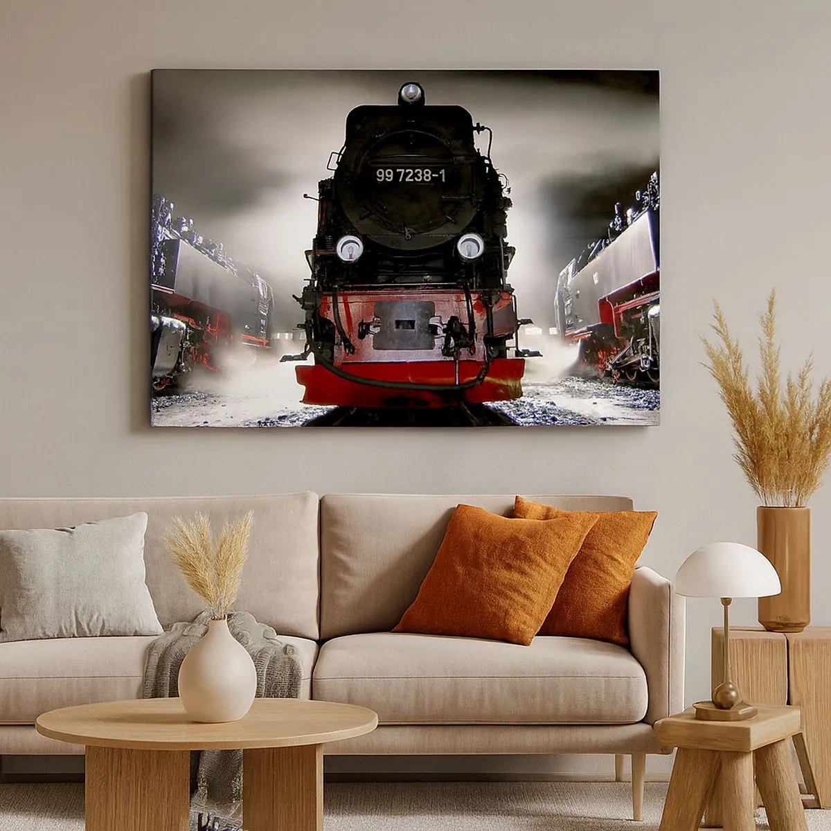 Obraz na plátne - Parná lokomotíva obklopená parou na pozadí tmavej oblohy v atmosférickom prostredí - 70x50cm - Stojí a sápe, funí a fúka - Moderná nástenná dekorácia do obývacej izby a spálne ARTTOR