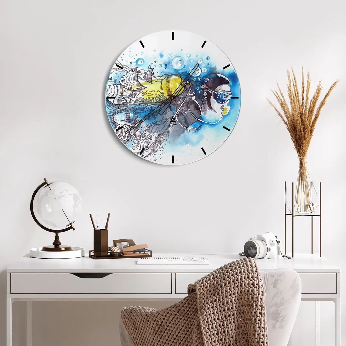 Nástenné hodiny - Potápač s farebnými rybami v podmorskom svete - 30x30cm - Veľká modrá - Moderná nástenná dekorácia do obývacej izby, kuchyne a spálne ARTTOR