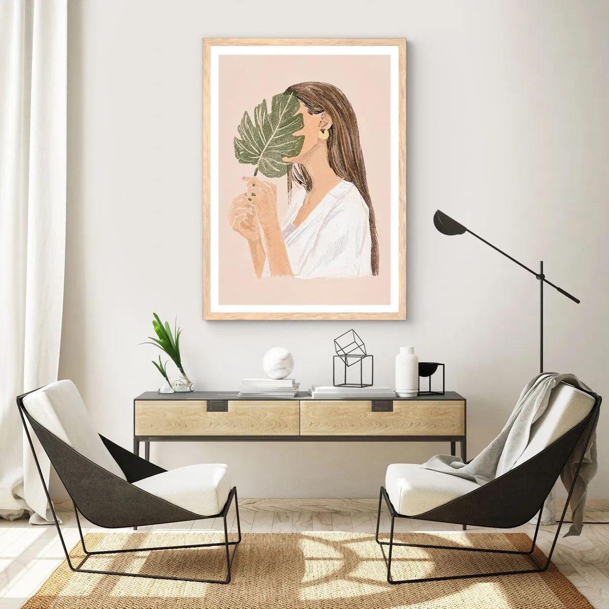 Plagát v ráme zo svetlého duba - Tajomný portrét s vejárom - 30x40 cm