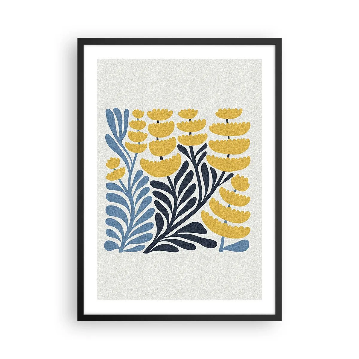 Plagát v čiernom ráme - Štylizované žlté a tmavomodré kvety v minimalistickom štýle - 50x70cm - Slnečný záhon - Moderná nástenná dekorácia do obývacej izby a spálne ARTTOR