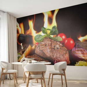Samolepiaca Fototapeta Deluxe Sticker - Vykúzlené žiarou - Gastronómia, steak, Plamene ohňa - 450x315 cm