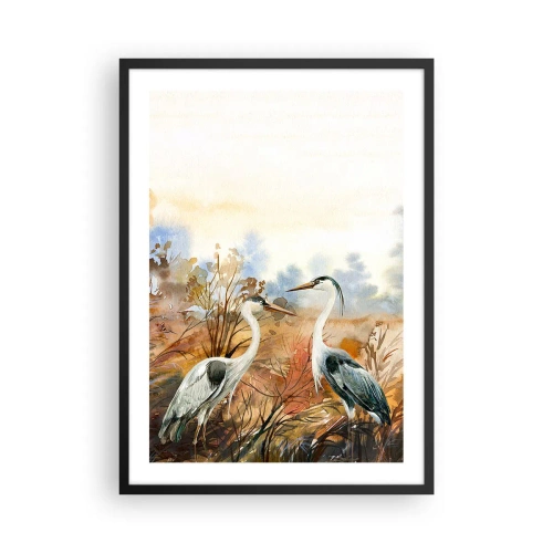 Plagát v čiernom ráme - Žeriavy na pozadí jesennej krajiny v akvareloch - 50x70cm - Kam na jeseň? - Moderná nástenná dekorácia do obývacej izby a spálne ARTTOR