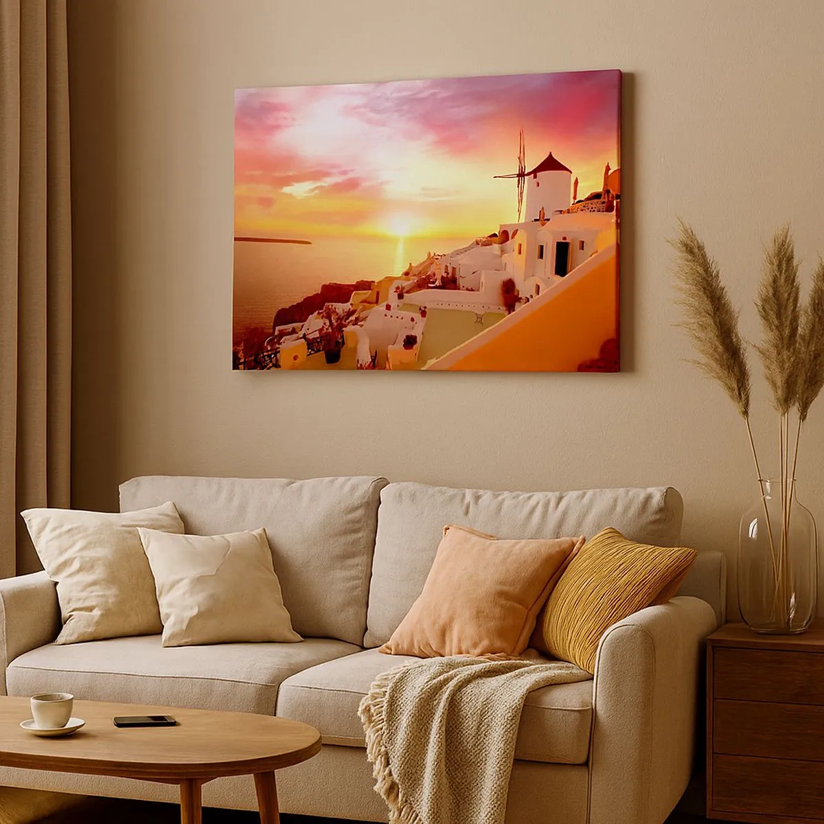Obraz na plátne - Santorini pri západe slnka s veterným mlynom - 70x50cm - Rozplynúť sa v bielej a zlatej - Moderná nástenná dekorácia do obývacej izby a spálne ARTTOR