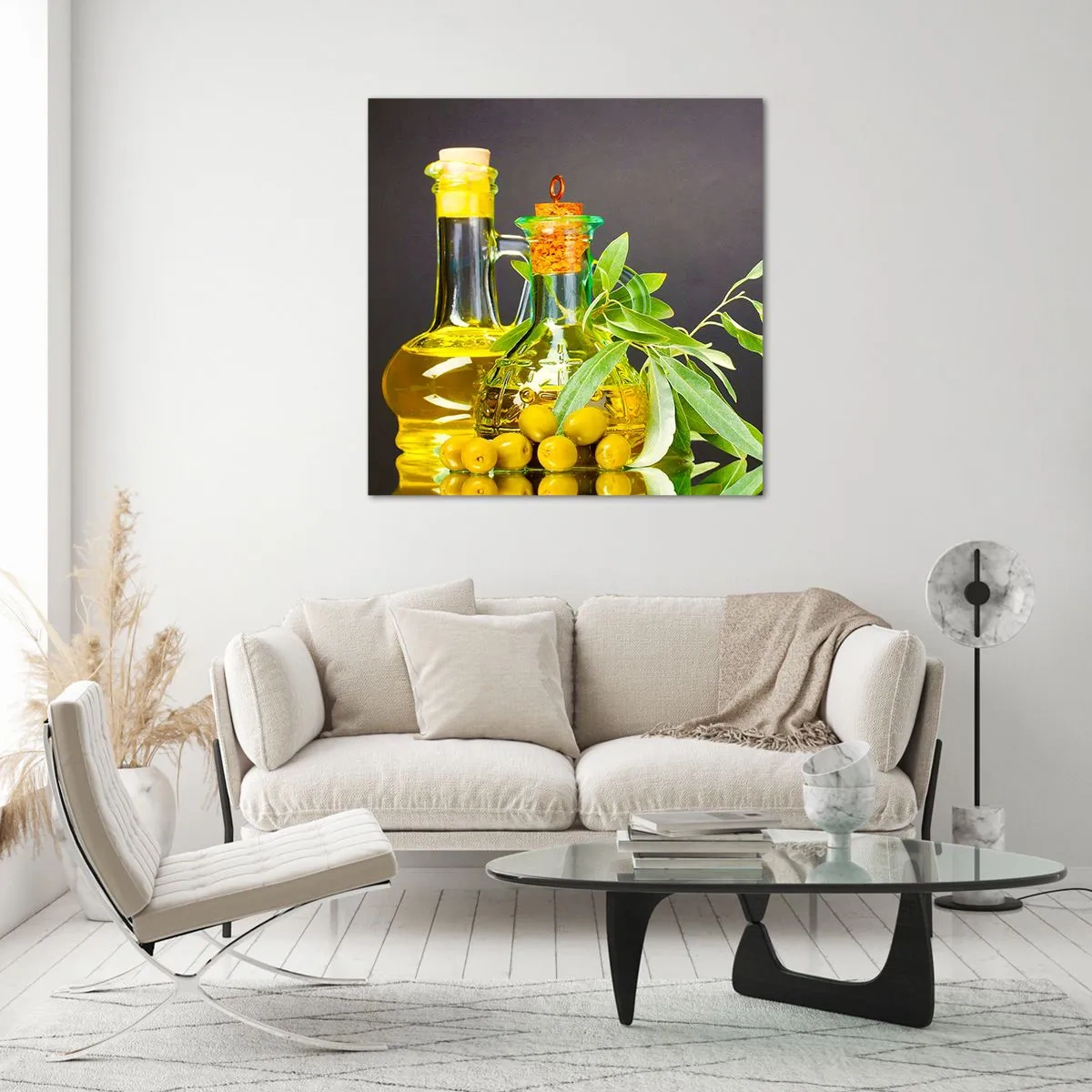 Obraz na skle - Zátišie s olivami a olejom - 60x60 cm