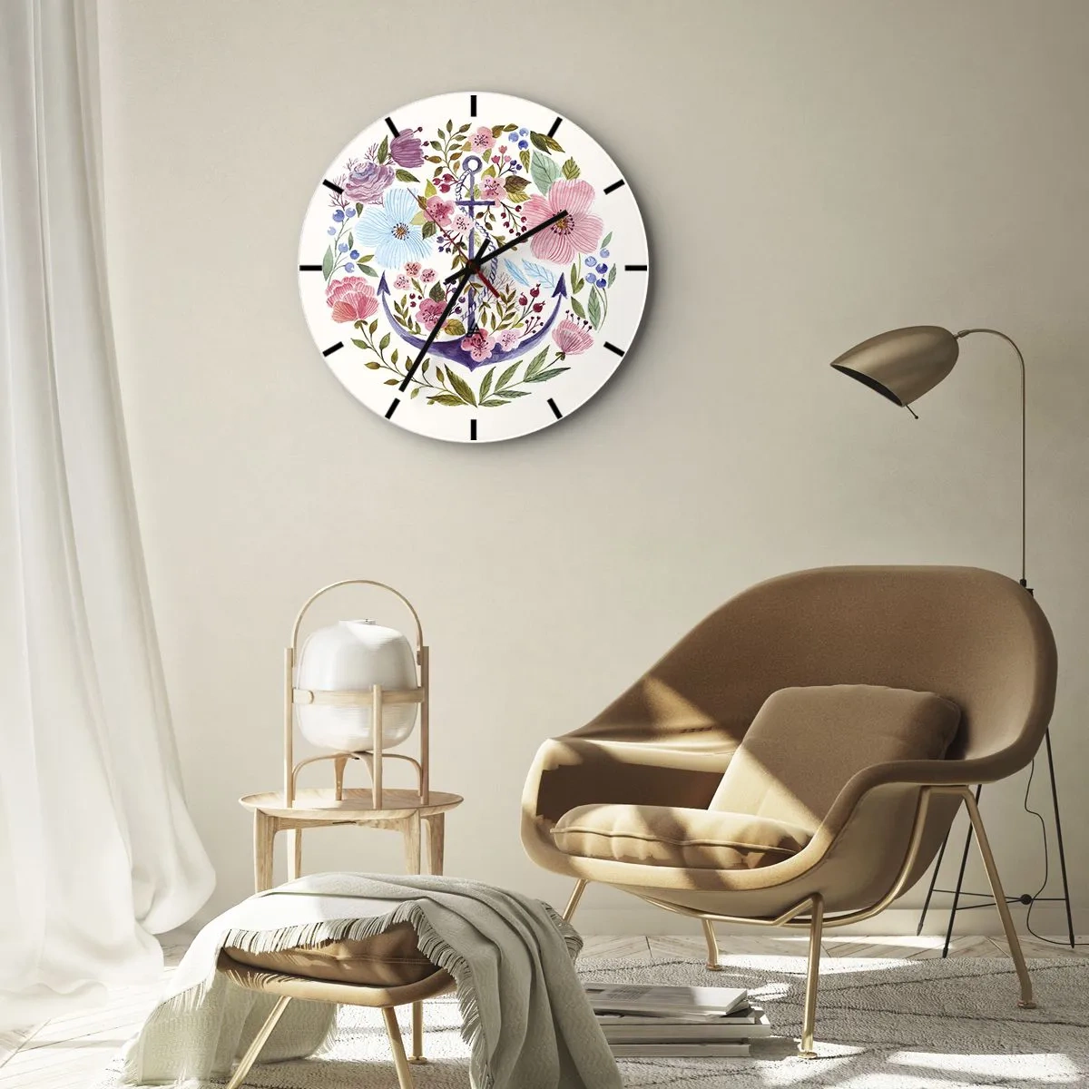 Nástenné hodiny - Fialová kotva obklopená farebnými kvetmi - 30x30cm - Námorníkov krásny sen - Moderná nástenná dekorácia do obývacej izby, kuchyne a spálne ARTTOR