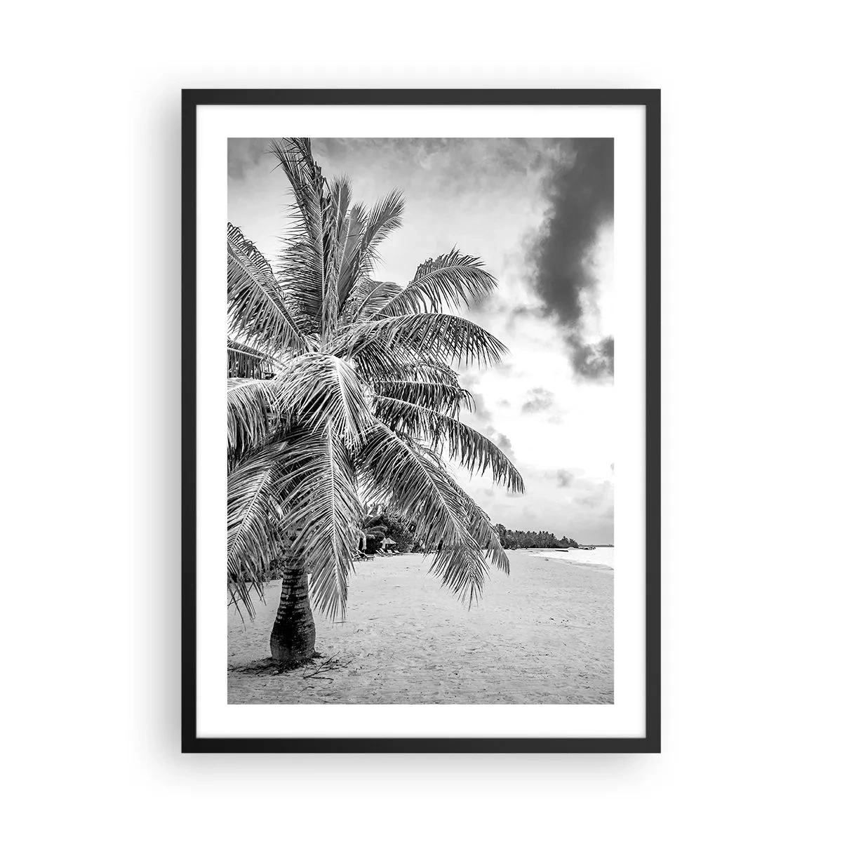 Plagát v čiernom ráme - Čiernobiela palma na prázdnej pláži pod zamračenou oblohou. - 50x70cm - Keď túžiš po samote…. - Moderná nástenná dekorácia do obývacej izby a spálne ARTTOR