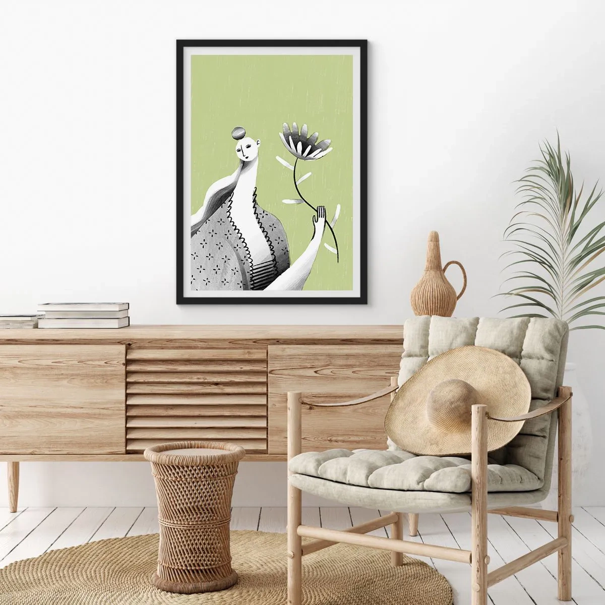 Plagát v čiernom ráme - Minimalistická žena drží kvet na zelenom pozadí - 50x70cm - Modernistický portrét – držiaci kvet - Moderná nástenná dekorácia do obývacej izby a spálne ARTTOR