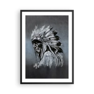 Plagát v čiernom ráme - Portrét indiánskeho náčelníka v perovej čelenke na sivom pozadí - 50x70cm - Návrat k základom - Moderná nástenná dekorácia do obývacej izby a spálne ARTTOR