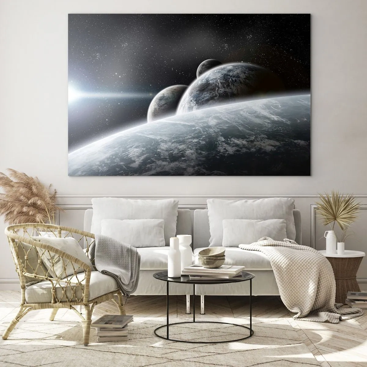 Obraz na skle - Planéty vo vesmíre s lúčom svetla - 70x50cm - Vesmírna hudba sfér - Moderná nástenná dekorácia do obývacej izby a spálne ARTTOR
