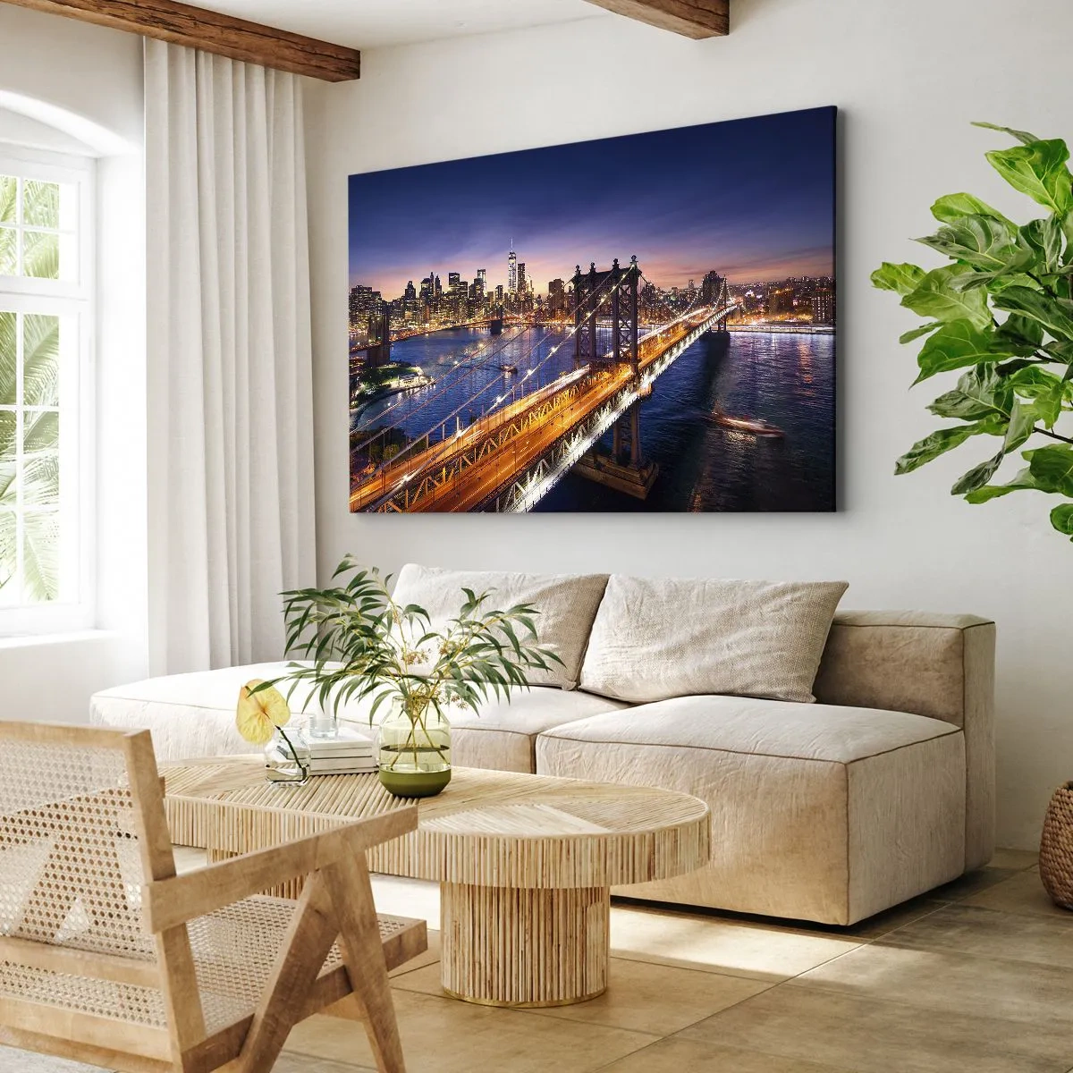Obraz na plátne - Most a panoráma mesta pri západe slnka - 70x50cm - Žiariaci most do srdca mesta - Moderná nástenná dekorácia do obývacej izby a spálne ARTTOR