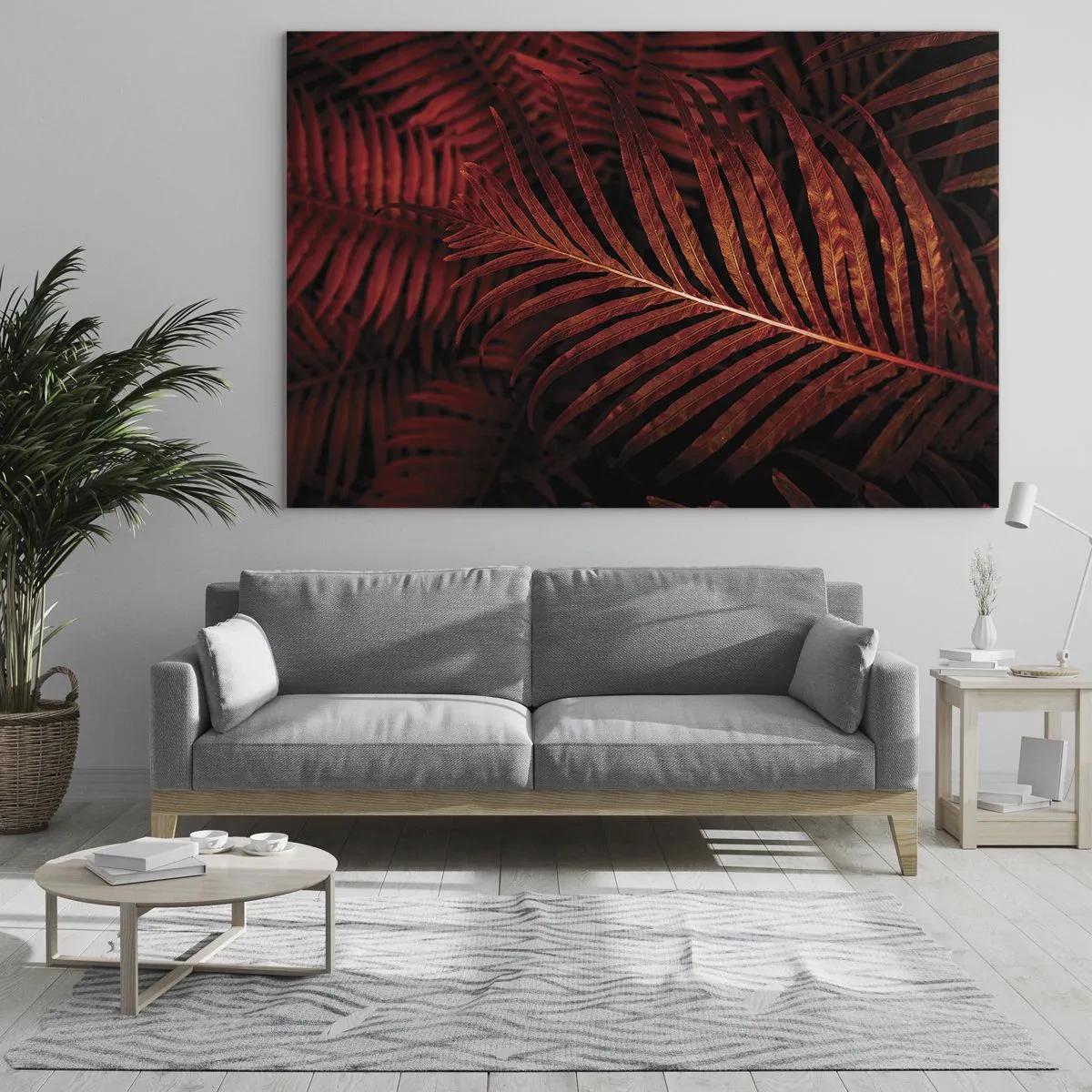 Obraz na skle - Červené listy tropickej rastliny na tmavom pozadí - 70x50cm - Žiar života - Moderná nástenná dekorácia do obývacej izby a spálne ARTTOR