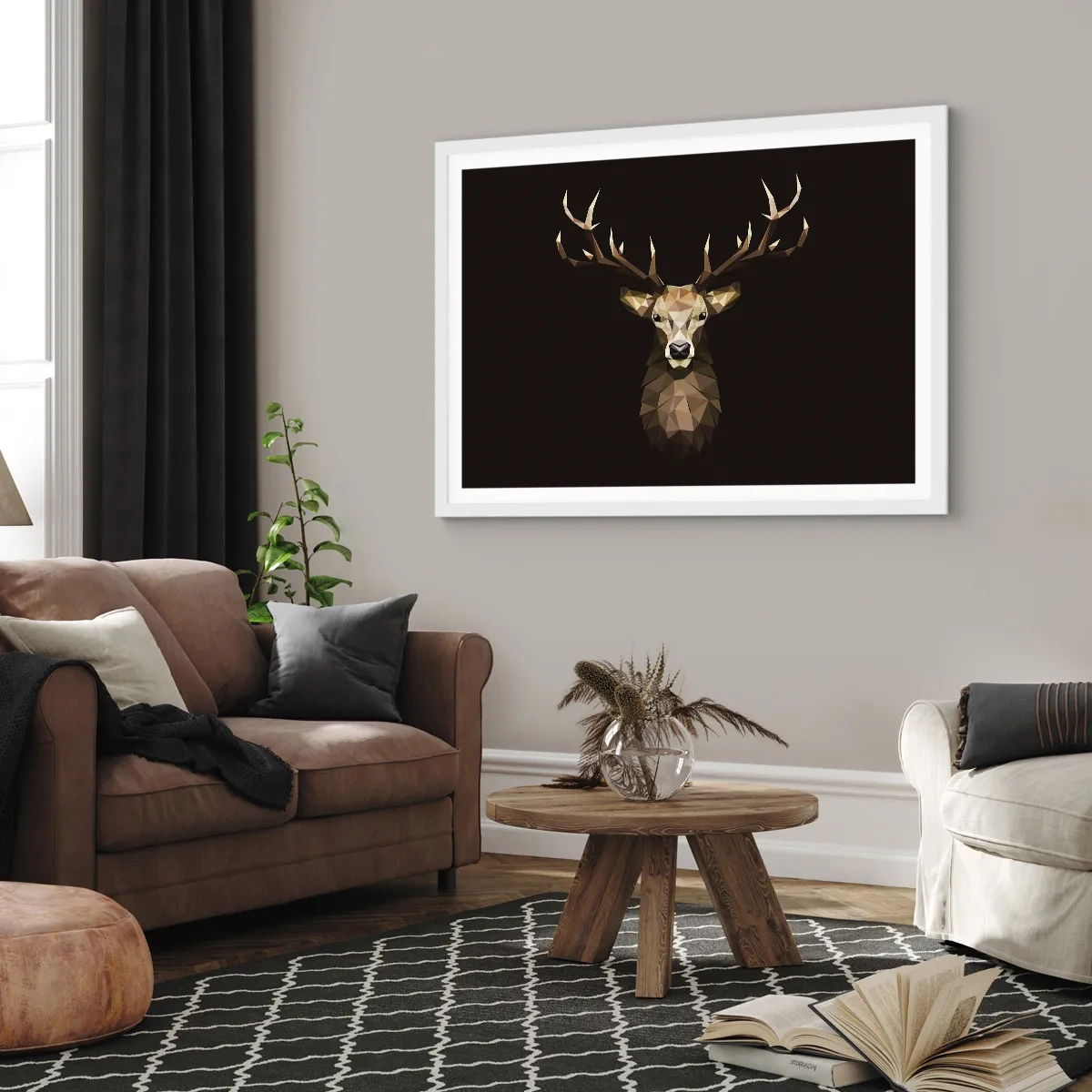 Plagát v bielom ráme - Kubistický jeleň - 70x50 cm