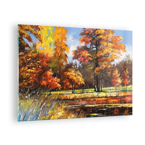 Obraz na skle - Jesenná krajina so stromami a odrazom vo vode - 70x50cm - Krajinka v zlatej a hnedej - Moderná nástenná dekorácia do obývacej izby a spálne ARTTOR