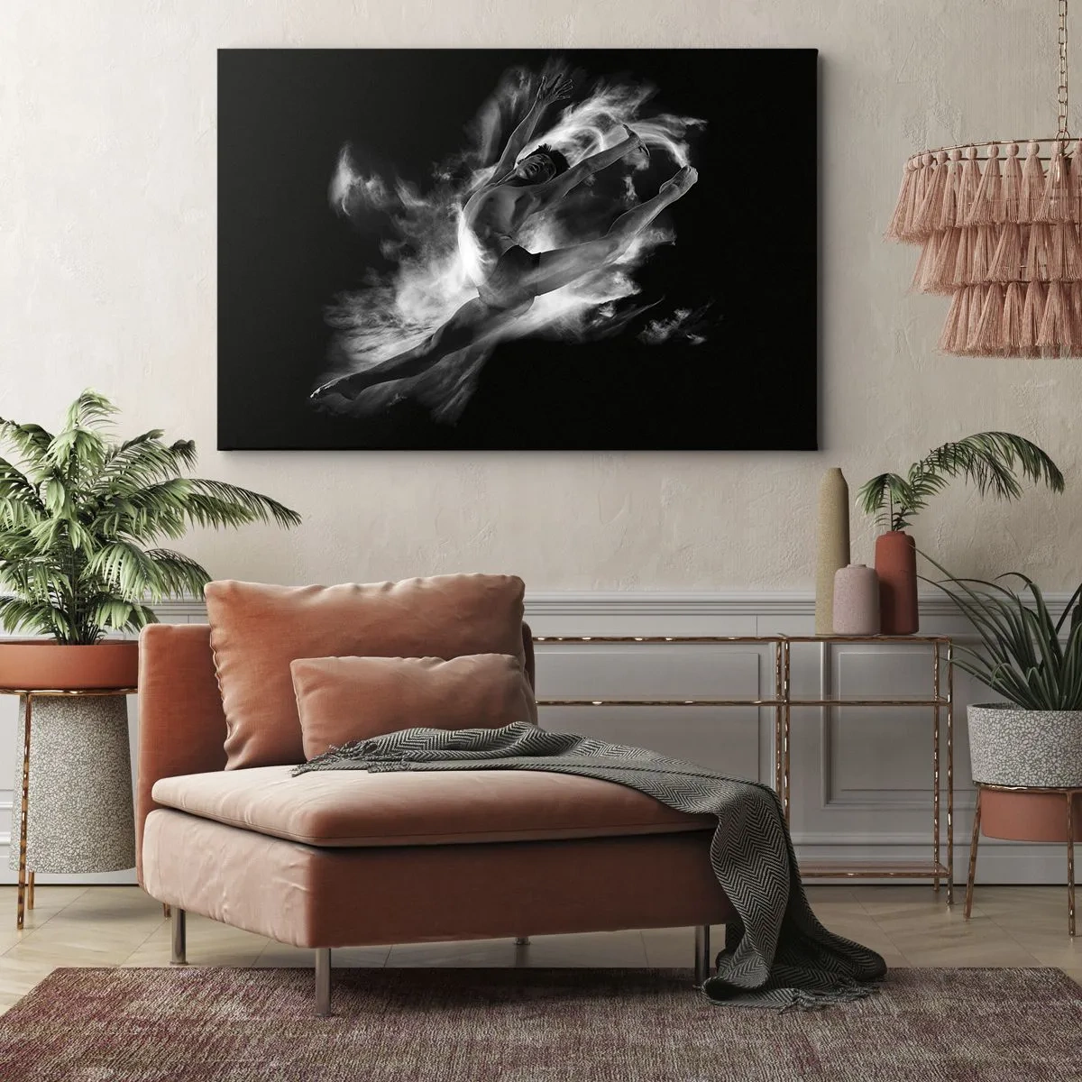 Obraz na plátne - Tanečník v dynamickej póze na čiernom pozadí - 70x50cm - Zastavený za letu - Moderná nástenná dekorácia do obývacej izby a spálne ARTTOR