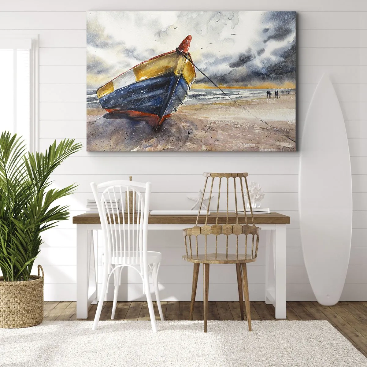 Obraz na plátne - Malebná loď na pláži pod zamračenou oblohou - 70x50cm - Odpočinok na brehu - Moderná nástenná dekorácia do obývacej izby a spálne ARTTOR