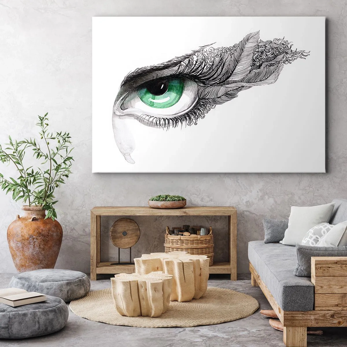 Obraz na plátne - Umelecké oko so zelenou dúhovkou a detailmi kresby - 70x50cm - Krásna a pripravená zaútočiť - Moderná nástenná dekorácia do obývacej izby a spálne ARTTOR