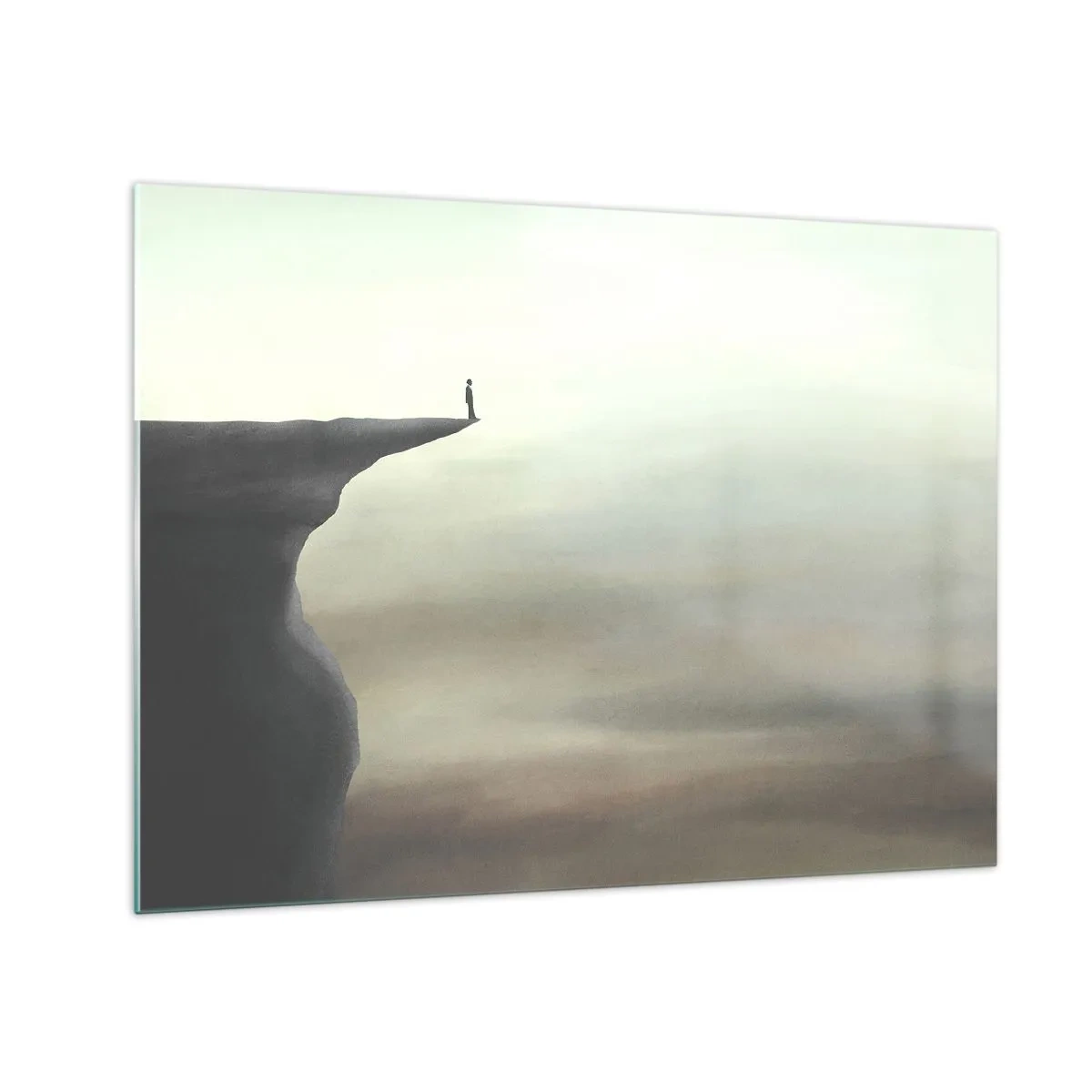 Obraz na skle - Silueta osoby stojacej na okraji útesu nad hmlou - 70x50cm - Hore, samozrejme! - Moderná nástenná dekorácia do obývacej izby a spálne ARTTOR