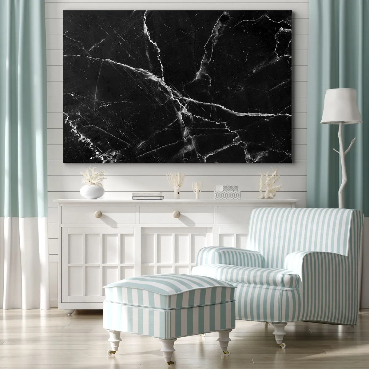 Obraz na plátne - Čierny mramor s bielymi žilami v detailoch - 70x50cm - Tajomný život kameňa - Moderná nástenná dekorácia do obývacej izby a spálne ARTTOR