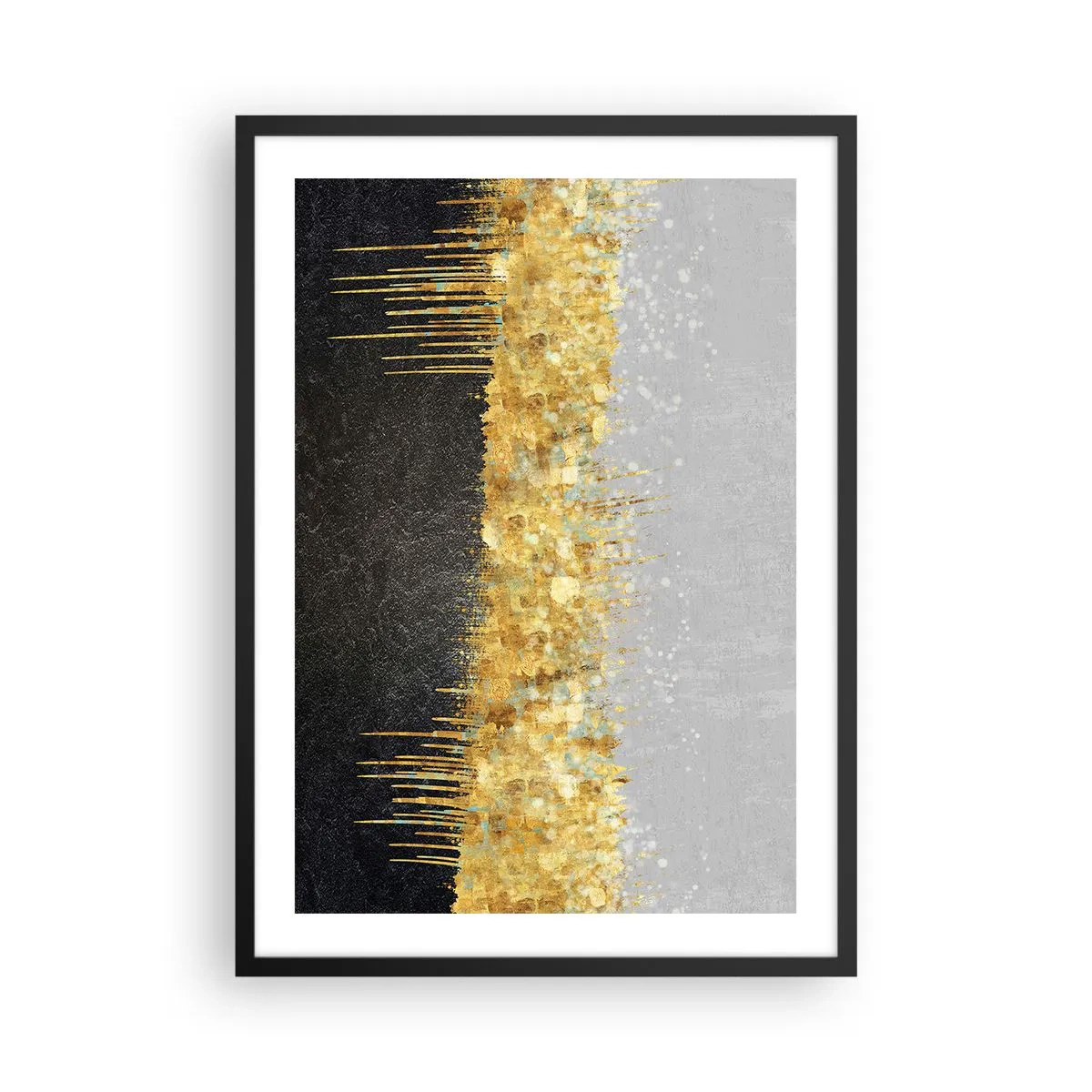 Plagát v čiernom ráme - Abstraktná kompozícia zo zlata, čiernej a striebra - 50x70cm - Dovnútra a nahor - Moderná nástenná dekorácia do obývacej izby a spálne ARTTOR