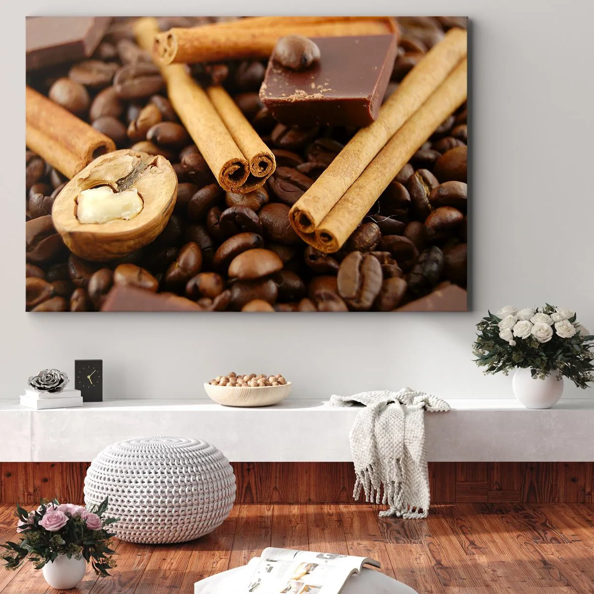 Obraz na plátne - Kávové zrná so škoricovými tyčinkami, čokoládou a vlašskými orechmi. - 70x50cm - Koncert vôní - Moderná nástenná dekorácia do obývacej izby a spálne ARTTOR