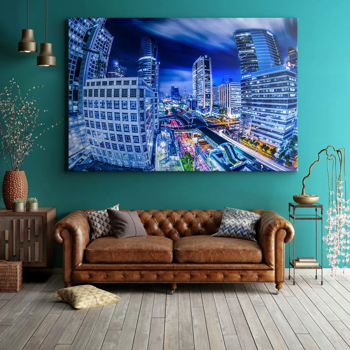 Obraz na plátne - Panoráma nočného mesta s mrakodrapmi a pouličnými svetlami - 70x50cm - Rytmy nočného mesta - Moderná nástenná dekorácia do obývacej izby a spálne ARTTOR