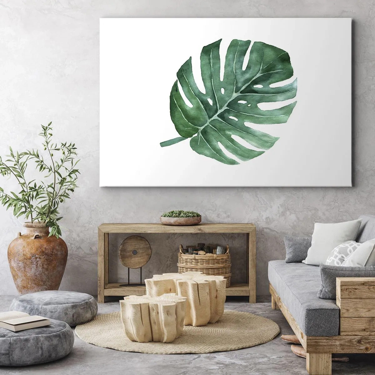 Obraz na plátne - Zelený list monstery v minimalistickom štýle - 70x50cm - Zelený koncept - Moderná nástenná dekorácia do obývacej izby a spálne ARTTOR