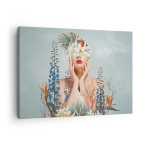 Obraz na plátne - Portrét ženy s kvetinovým motívom na modrom pozadí - 70x50cm - Žena – kvetina - Moderná nástenná dekorácia do obývacej izby a spálne ARTTOR