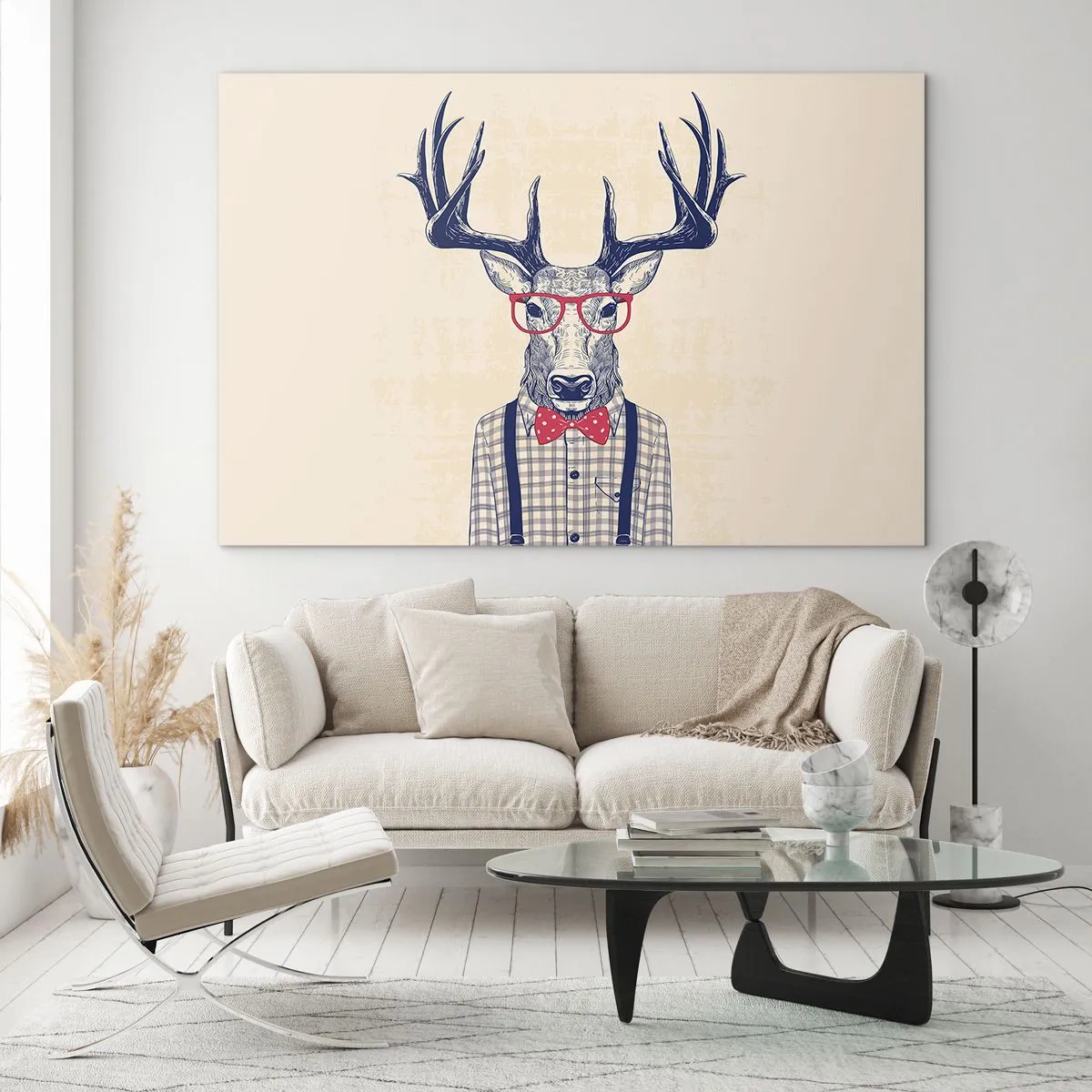 Obraz na skle - Ilustrácia jeleňa s okuliarmi a motýlikom - 70x50cm - Zábavná extravagancia - Moderná nástenná dekorácia do obývacej izby a spálne ARTTOR