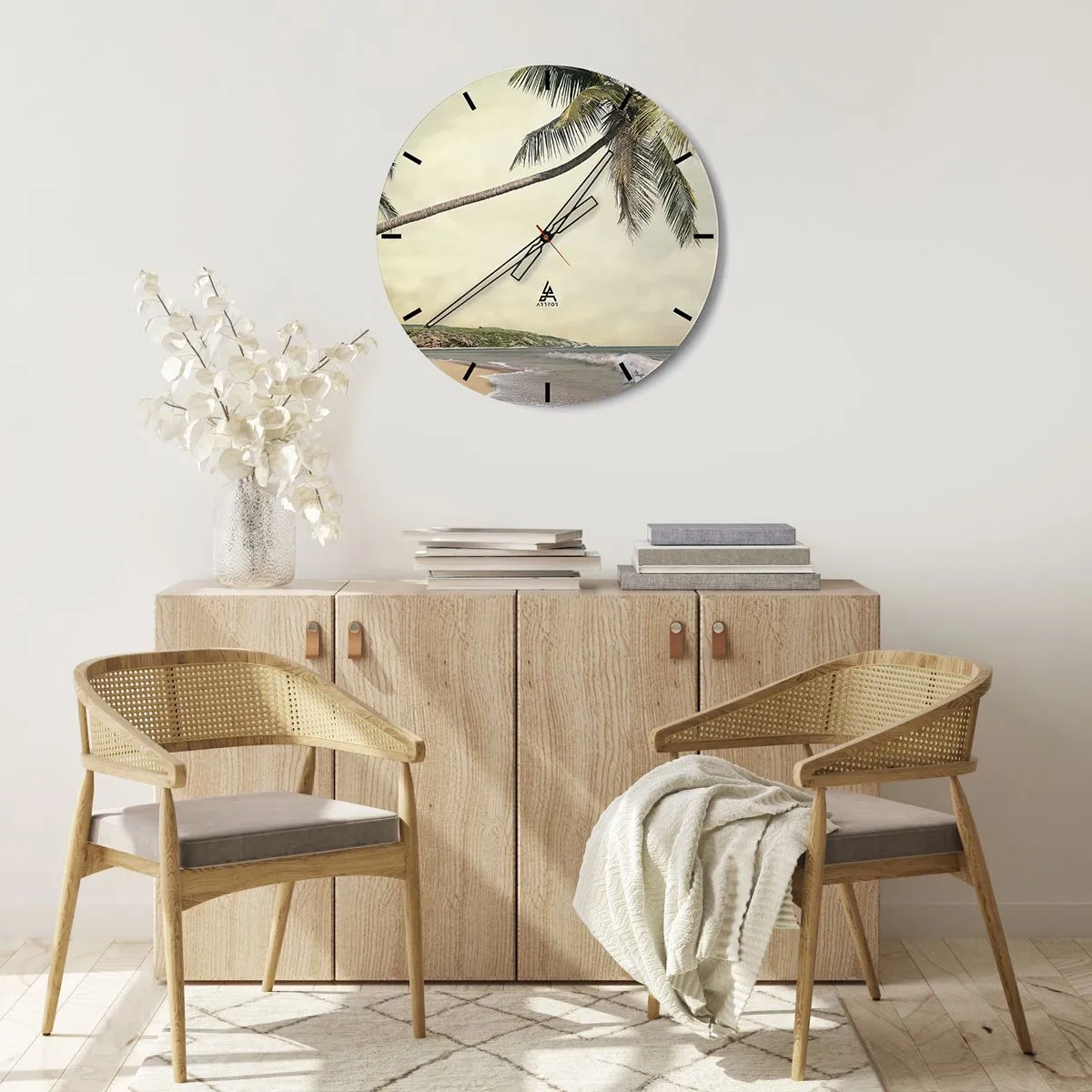 Nástenné hodiny - Palmy na pozadí tropickej pláže - 30x30cm - Tropický sen - Moderná nástenná dekorácia do obývacej izby, kuchyne a spálne ARTTOR