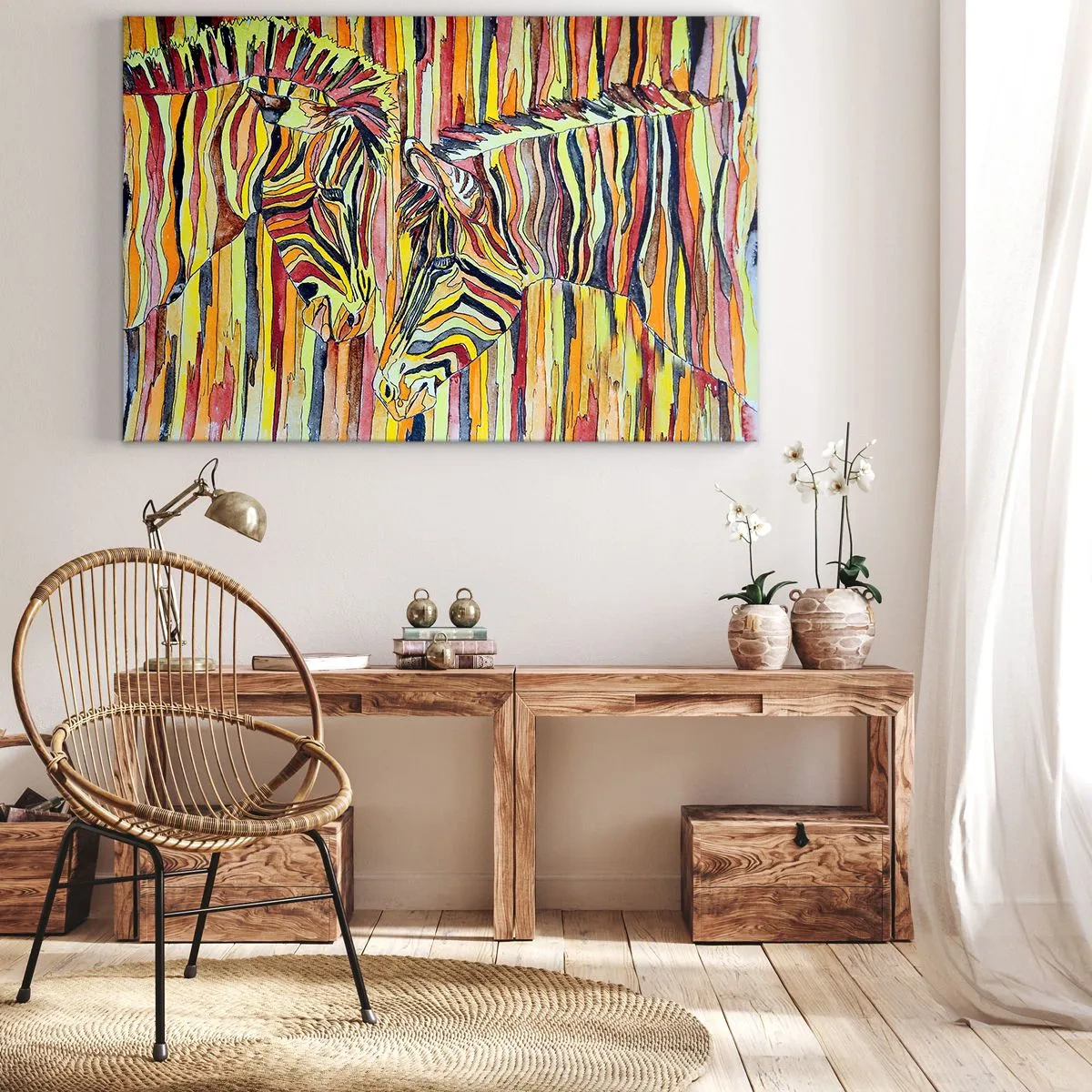 Obraz na plátne - Farebné zebry na pozadí abstraktných pruhov - 70x50cm - Takže ty tiež… - Moderná nástenná dekorácia do obývacej izby a spálne ARTTOR
