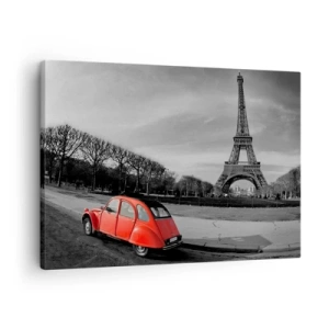 Obraz na plátne - Červené auto s Eiffelovou vežou v pozadí v čiernobielej krajine - 70x50cm - Viac parížske ako samotný Paríž - Moderná nástenná dekorácia do obývacej izby a spálne ARTTOR