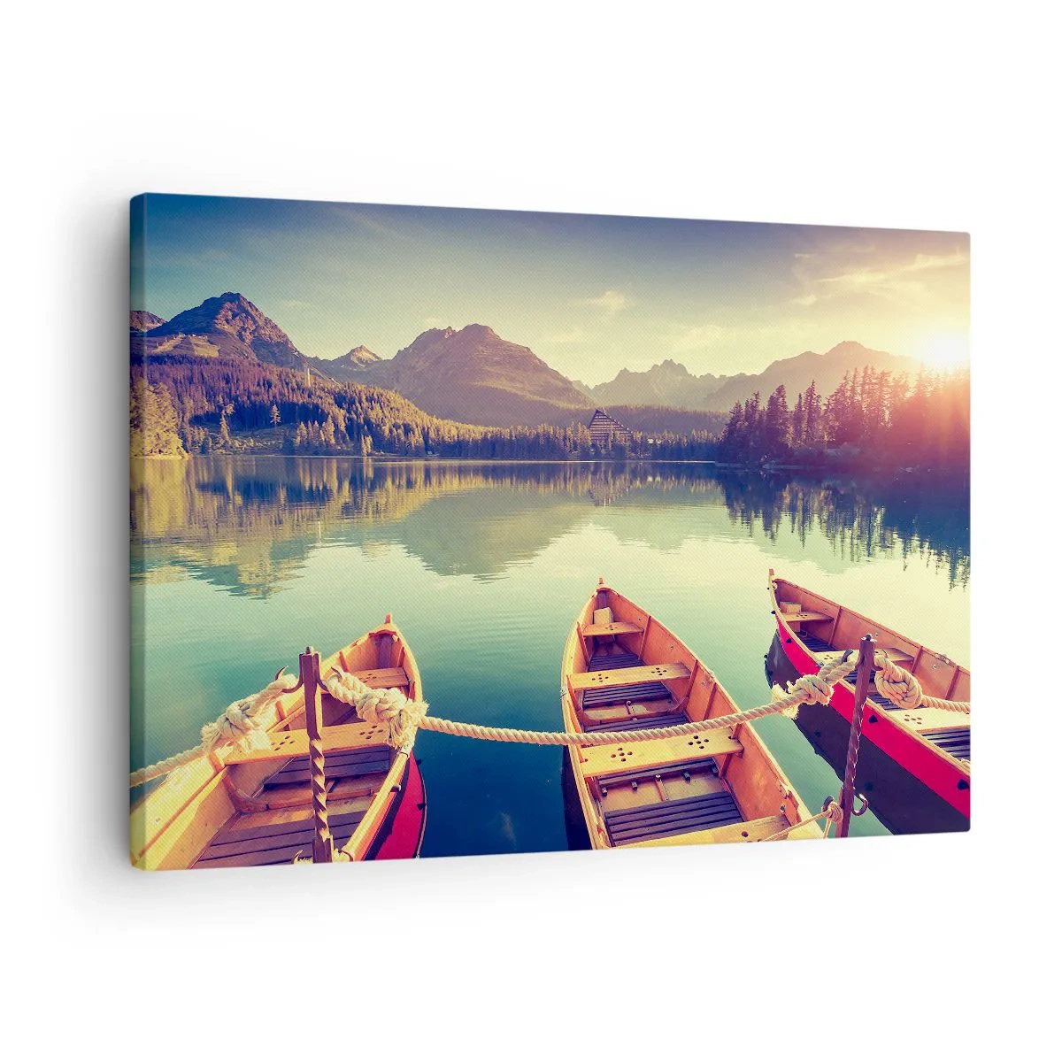 Obraz na plátne - Lode na pokojnom jazere obklopenom horami pri západe slnka - 70x50cm - Žiť podľa jej zákonov - Moderná nástenná dekorácia do obývacej izby a spálne ARTTOR