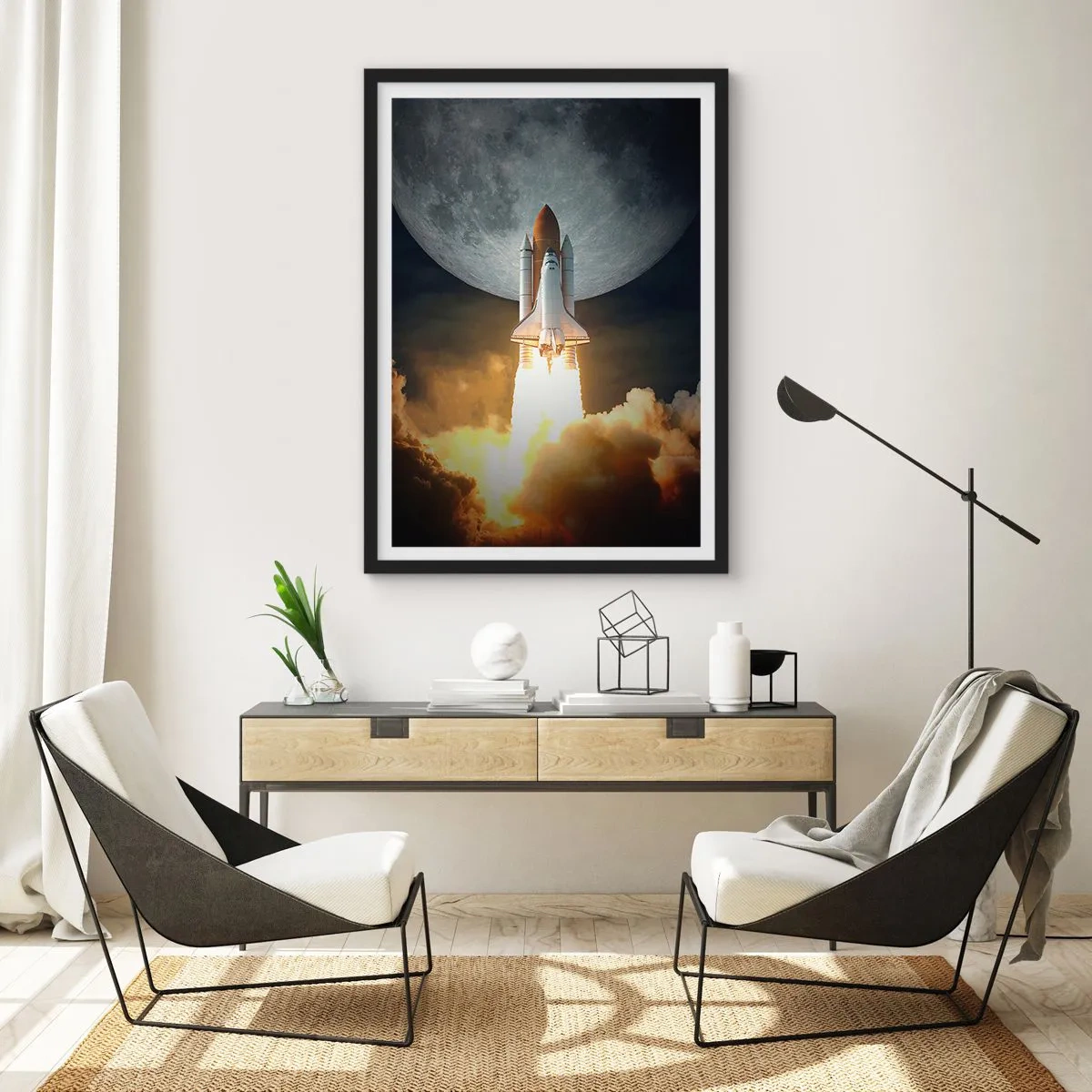 Plagát v čiernom ráme - Štart raketoplánu s Mesiacom v pozadí - 50x70cm - Začiatok nadprirodzeného dobrodružstva - Moderná nástenná dekorácia do obývacej izby a spálne ARTTOR