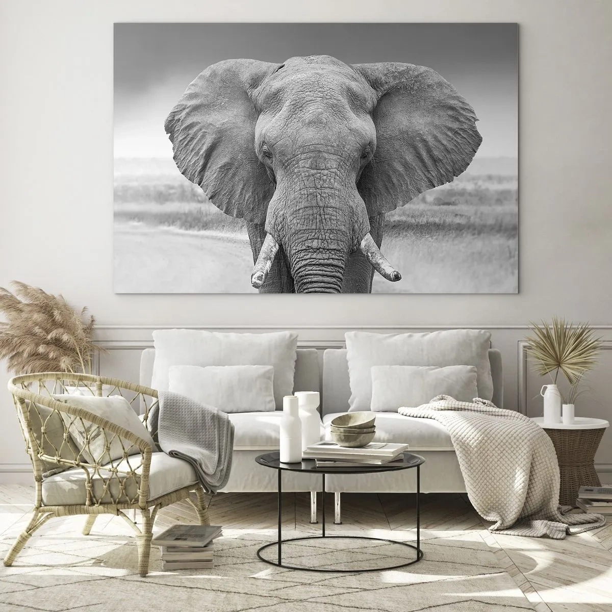 Obraz na skle - Čiernobiely portrét slona v savane - 70x50cm - Vitajte v mojom svete - Moderná nástenná dekorácia do obývacej izby a spálne ARTTOR