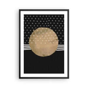 Plagát v čiernom ráme - Abstraktná zlatá guľa na čiernom pozadí so vzormi - 50x70cm - Kompozícia: vlajka galaxie - Moderná nástenná dekorácia do obývacej izby a spálne ARTTOR
