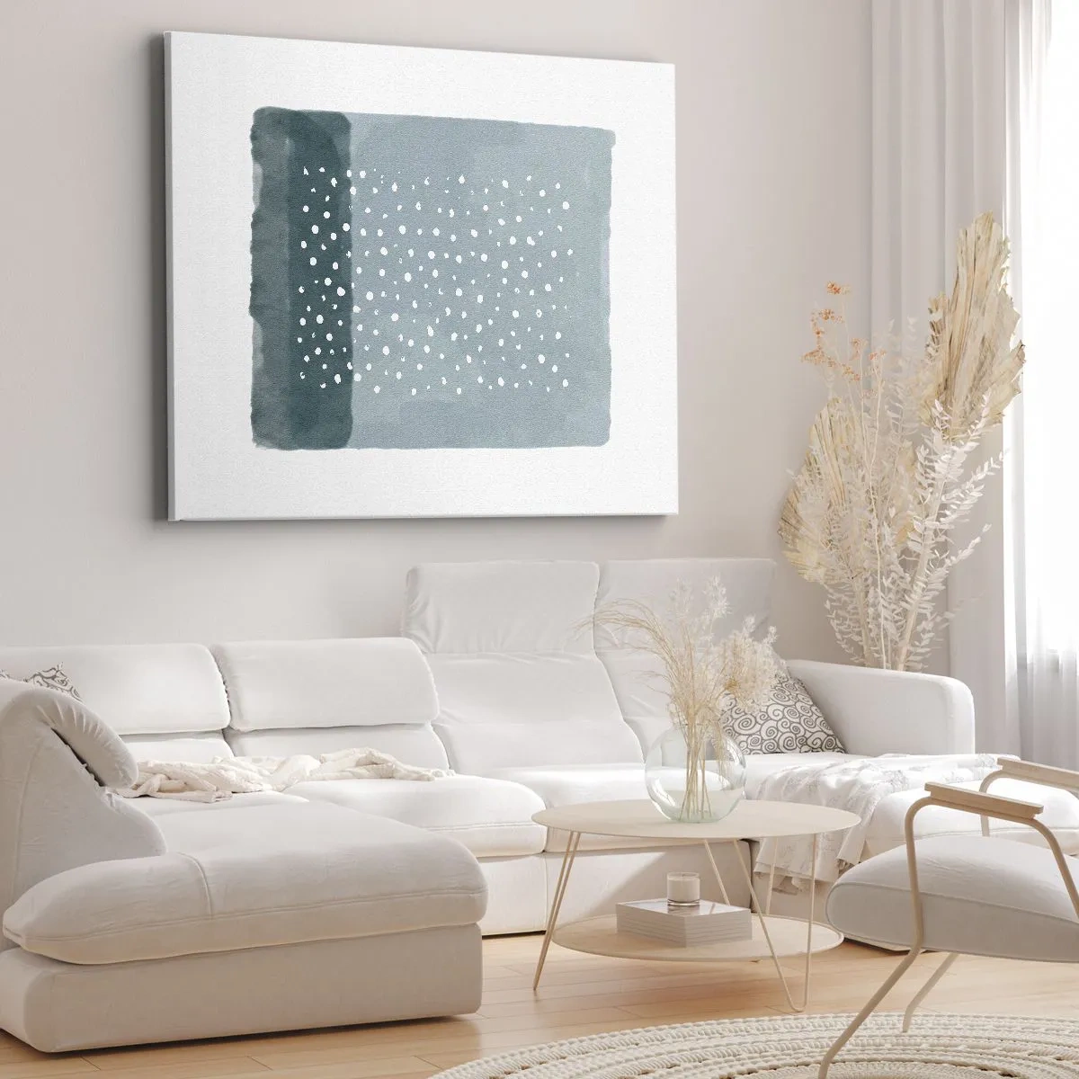 Obraz na plátne - Minimalistický obraz v odtieňoch modrej s bodkami - 70x50cm - Pestované na modrej - Moderná nástenná dekorácia do obývacej izby a spálne ARTTOR
