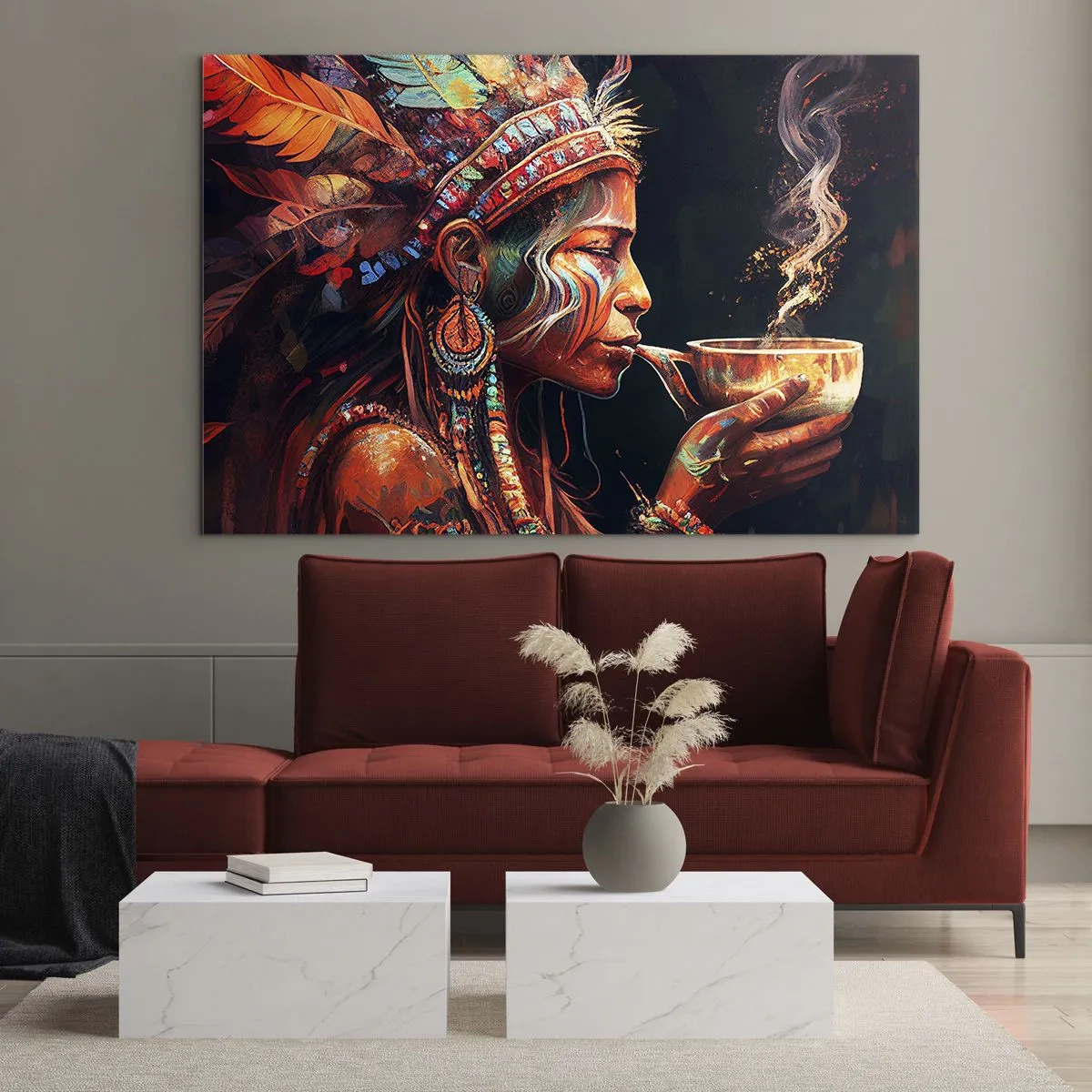 Obraz na skle - Postava v pernatej čelenke pije elixír v mystickej atmosfére - 70x50cm - Magický rituál - Moderná nástenná dekorácia do obývacej izby a spálne ARTTOR
