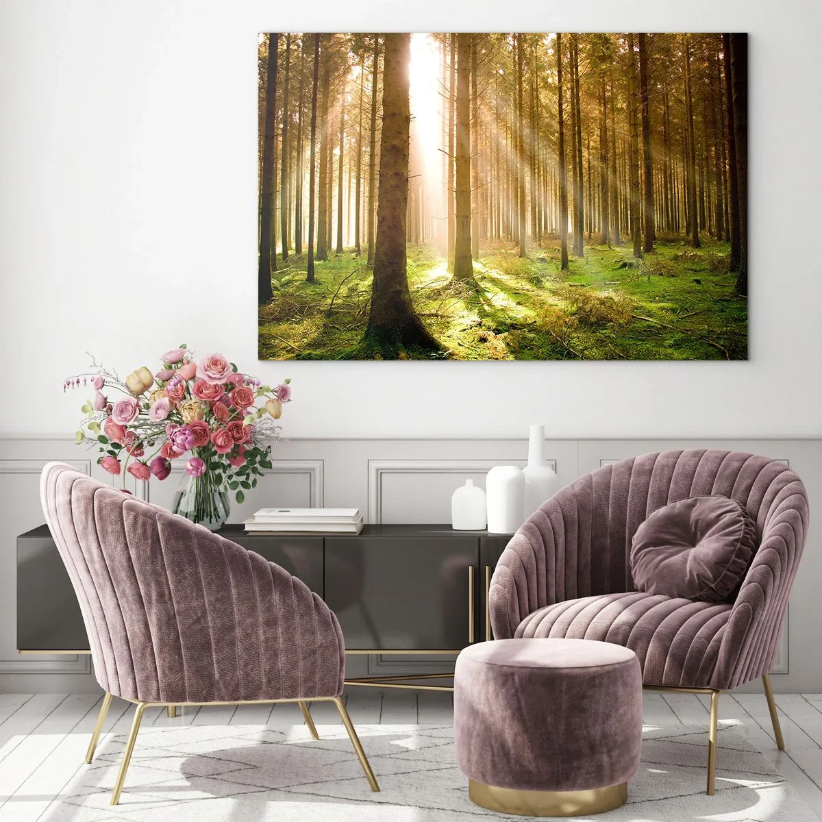 Obraz na skle - Slnečné lúče prenikajúce cez stromy v lese - 70x50cm - Čoskoro sa objavia elfovia - Moderná nástenná dekorácia do obývacej izby a spálne ARTTOR