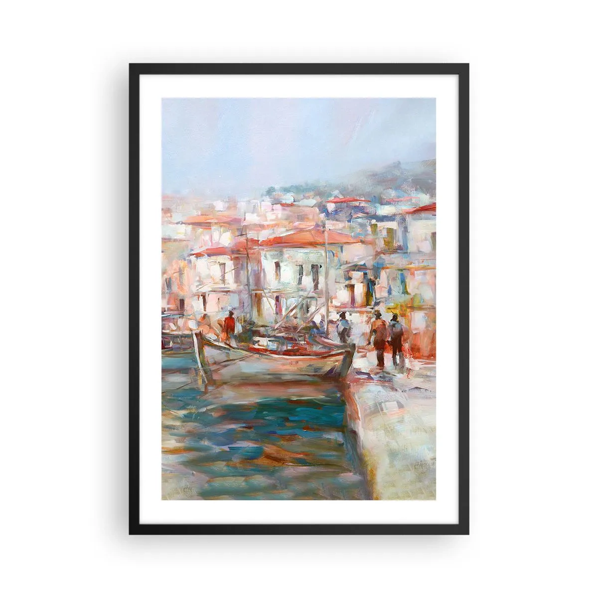Plagát v čiernom ráme - Malebný prístav v pastelových farbách - 50x70cm - Pastelová dovolenka - Moderná nástenná dekorácia do obývacej izby a spálne ARTTOR