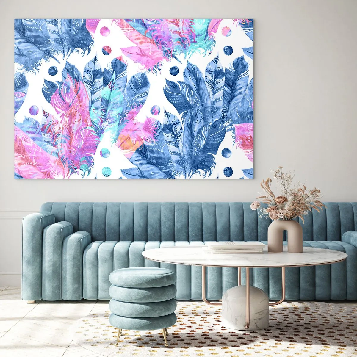 Obraz na skle - Farebné perie v odtieňoch ružovej a modrej na bielom pozadí - 70x50cm - Chocholy v ružovej a blankytnej - Moderná nástenná dekorácia do obývacej izby a spálne ARTTOR
