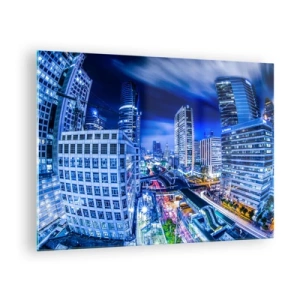 Obraz na skle - Panoráma moderného mesta v noci s jasnými svetlami - 70x50cm - Rytmy nočného mesta - Moderná nástenná dekorácia do obývacej izby a spálne ARTTOR