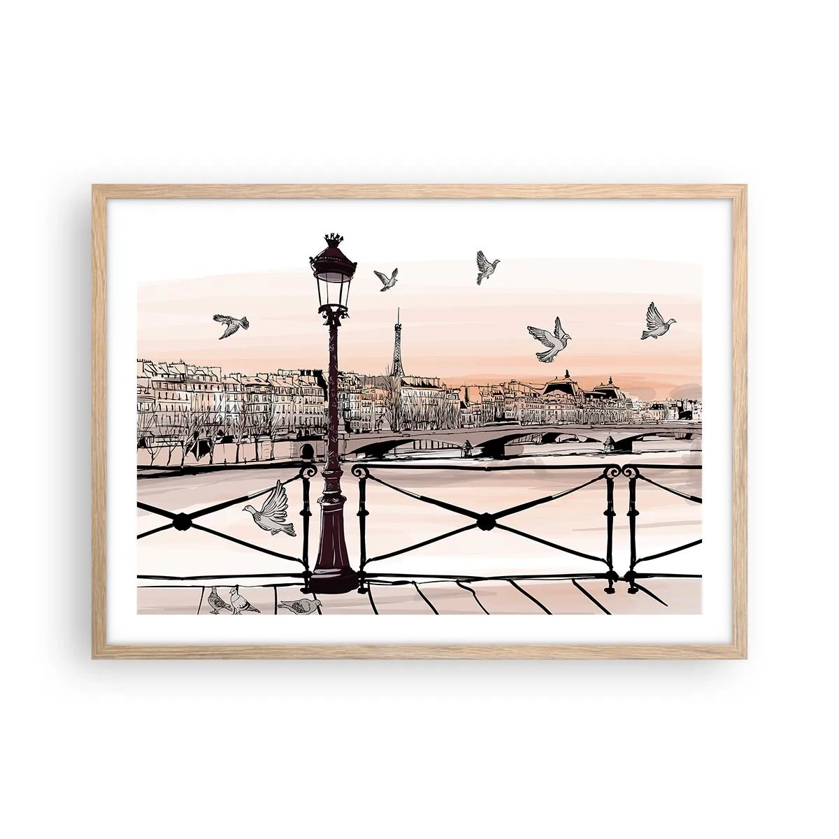 Plagát v ráme zo svetlého duba - Nad strechami Paríža - 70x50 cm