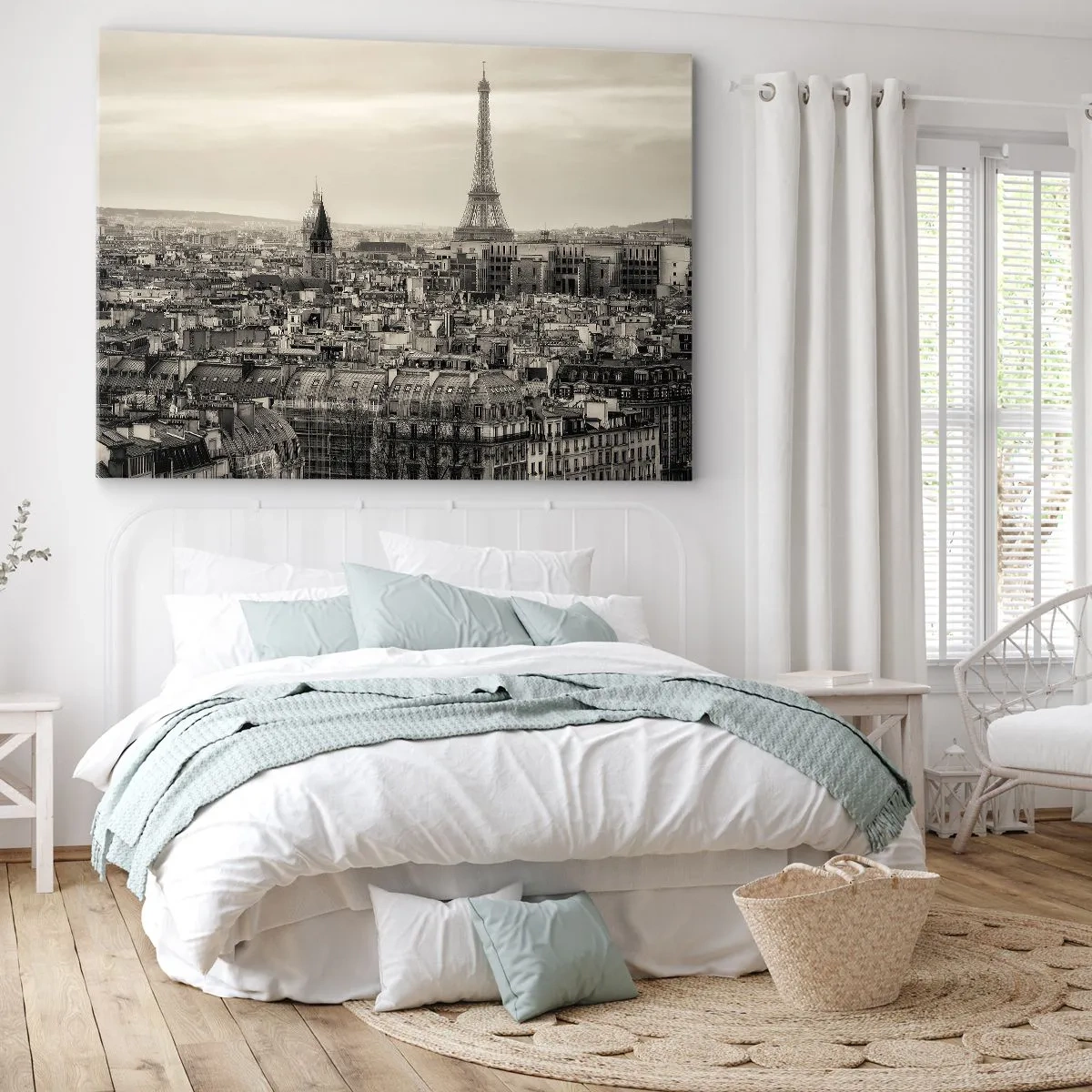 Obraz na plátne - Panoráma Paríža s Eiffelovou vežou v sépiových tónoch - 70x50cm - Nad strechami Paríža - Moderná nástenná dekorácia do obývacej izby a spálne ARTTOR
