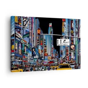 Obraz na plátne - Rušné mesto s farebnými reklamami a žltými taxíkmi - 70x50cm - Komiksová veľká noc - Moderná nástenná dekorácia do obývacej izby a spálne ARTTOR