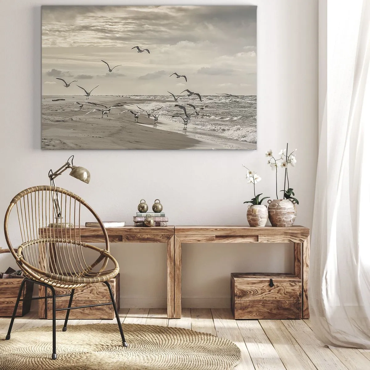 Obraz na plátne - Čajka letí nad prímorskou krajinou - 70x50cm - Šumenie mora, spev vtákov - Moderná nástenná dekorácia do obývacej izby a spálne ARTTOR